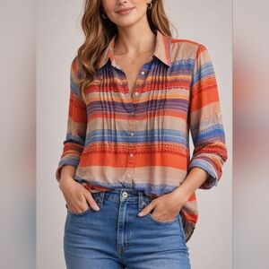 Vintage America Blues Southwestern Serape Striped Retro Button Blouse Medium